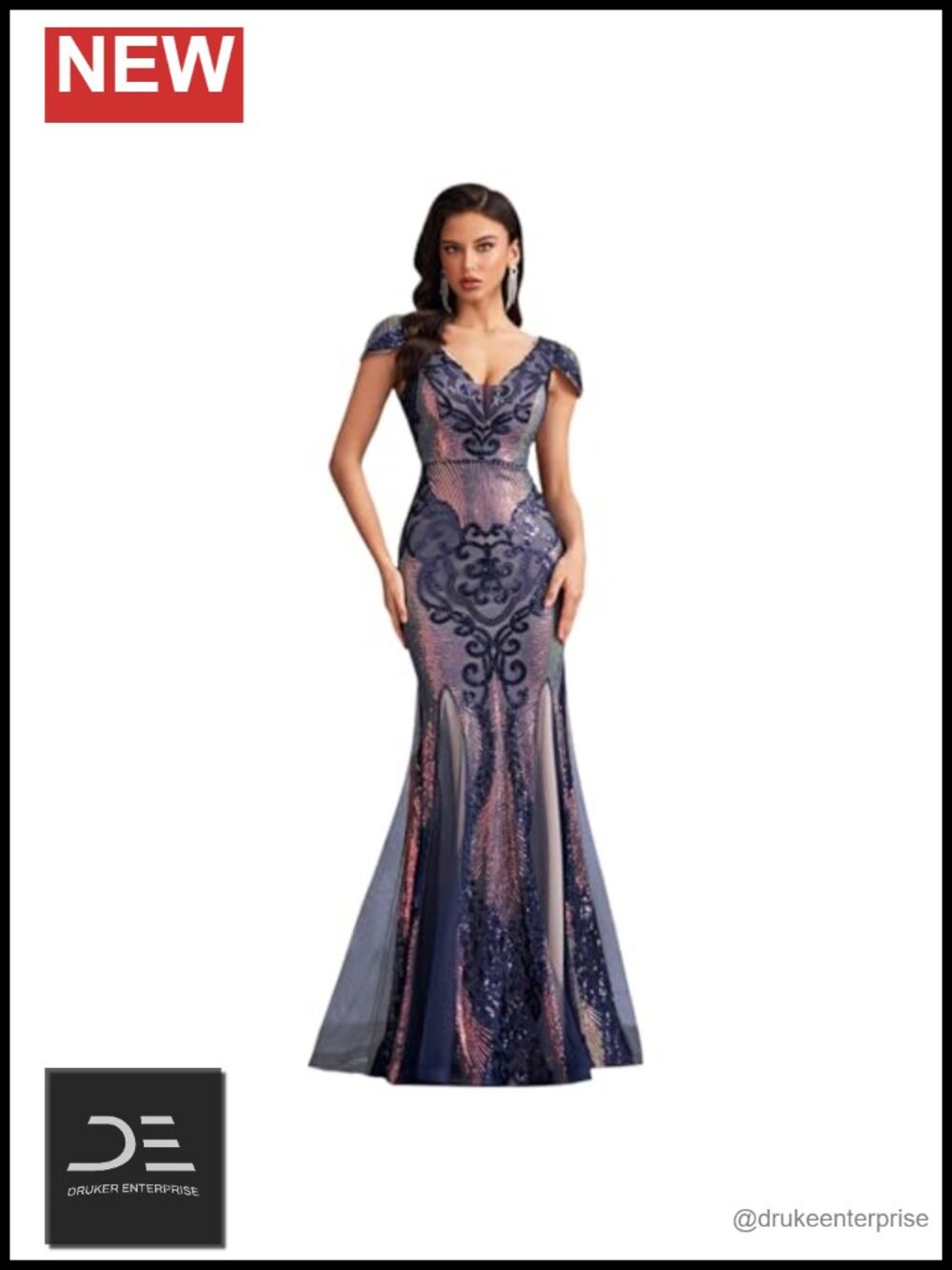 Sequin Embroidered Mermaid Maxi Formal Dress V-Neck Cap Sleeve